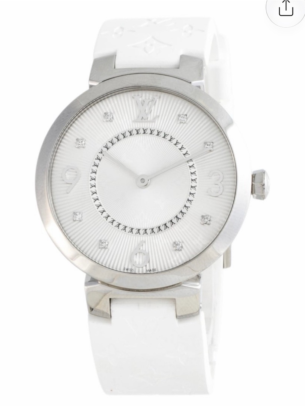 Louis Vuitton White and Silver Elegant Monogram Watch with diamonds and 2 straps